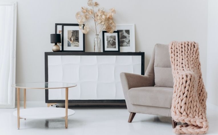 white minimalist stone living room